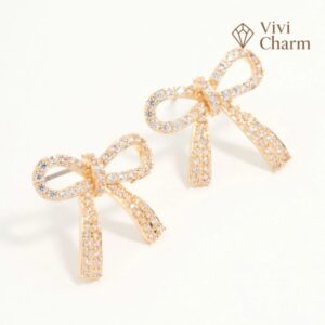 Gold Cubic Zirconia Bow Stud Earrings